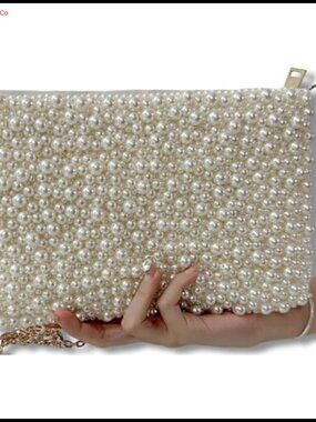 Pearl Evening Clutch with Chain Glitter Crossbody Beaded Sparkly Handbag